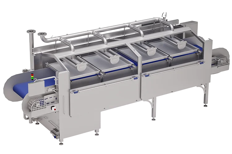 Front view of the OctoCore Cooling Tunnel, a stainless steel industrial machine with a blue conveyor system and multiple top-mounted nozzles for controlled cooling. Used for processing food in industrial environments. Visible piping and valves suggest integration with water or cooling agents.