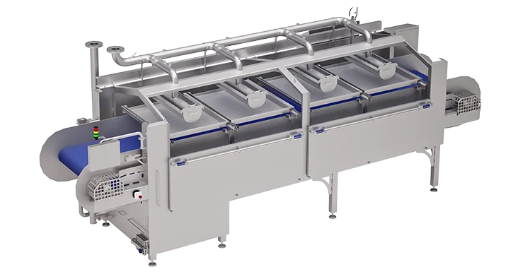 Front view of the OctoCore Cooling Tunnel, a stainless steel industrial machine with a blue conveyor system and multiple top-mounted nozzles for controlled cooling. Used for processing food in industrial environments. Visible piping and valves suggest integration with water or cooling agents.