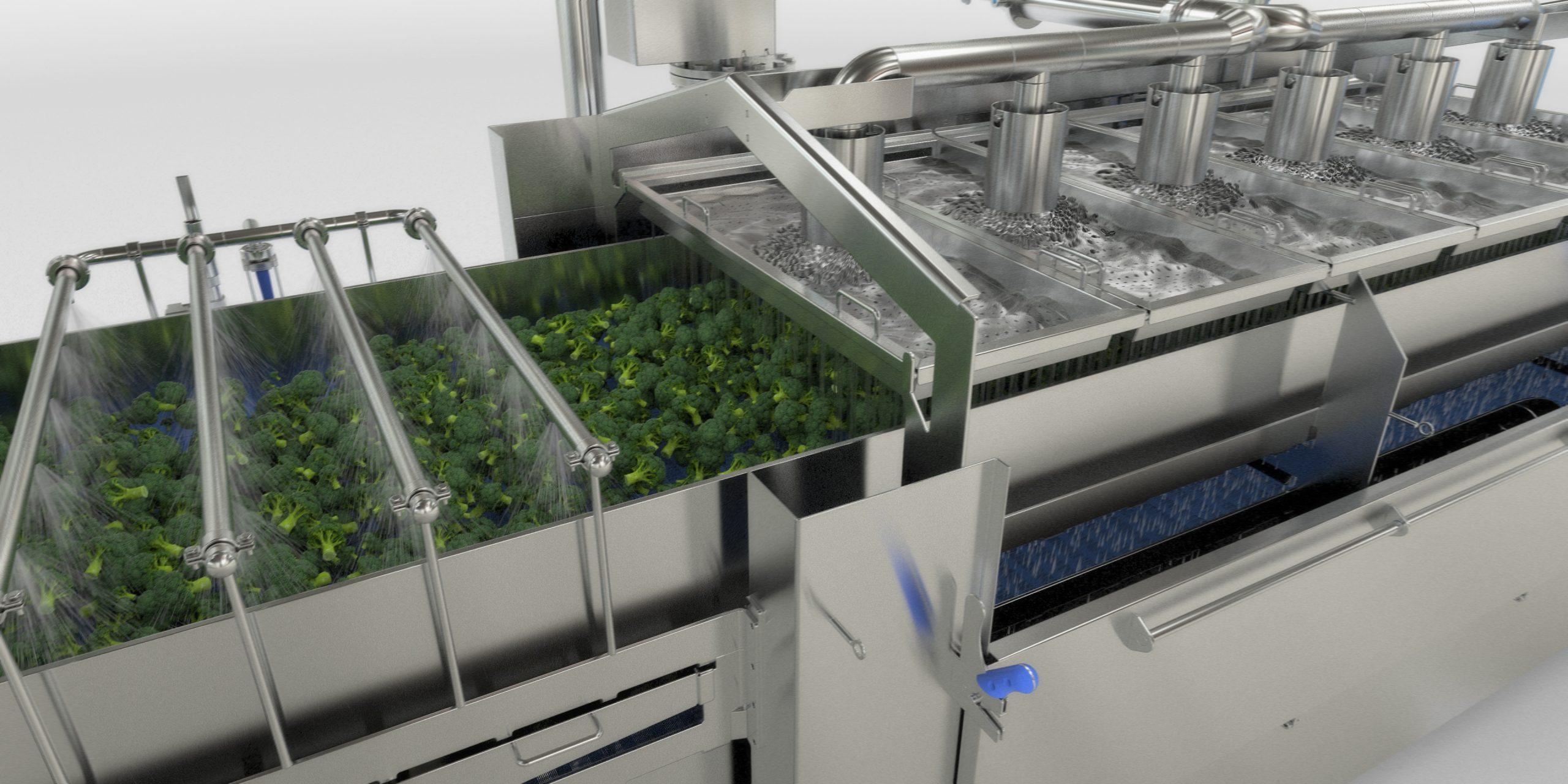endered image of the OctoFrost IF Chiller processing broccoli. The vegetables move along a stainless steel conveyor under a series of top-mounted spray nozzles delivering chilled water.