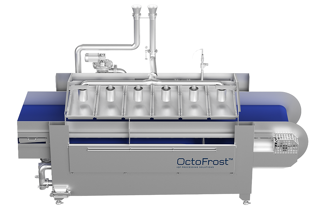 Front view of the OctoFrost Cooling Tunnel, a stainless steel industrial machine with a blue conveyor system and multiple top-mounted nozzles for controlled cooling. Visible piping and valves suggest integration with water or cooling agents. The OctoFrost logo appears on the front panel.