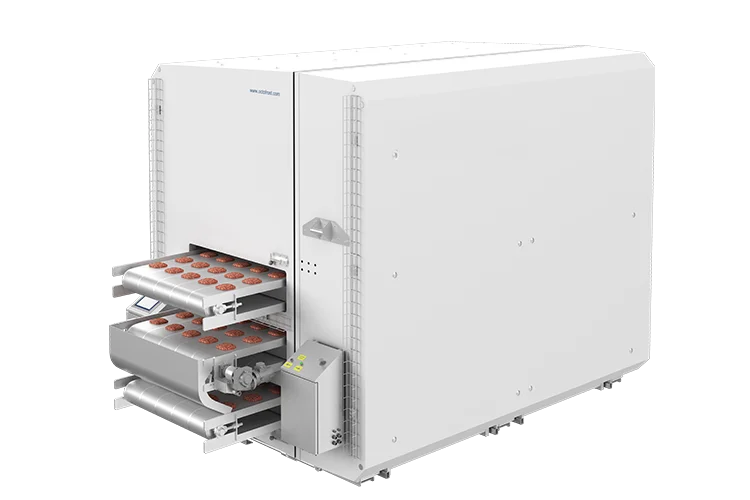Food processing machine. Freezing hamburger patties. IQF hamburgers. Impingement freezer.
