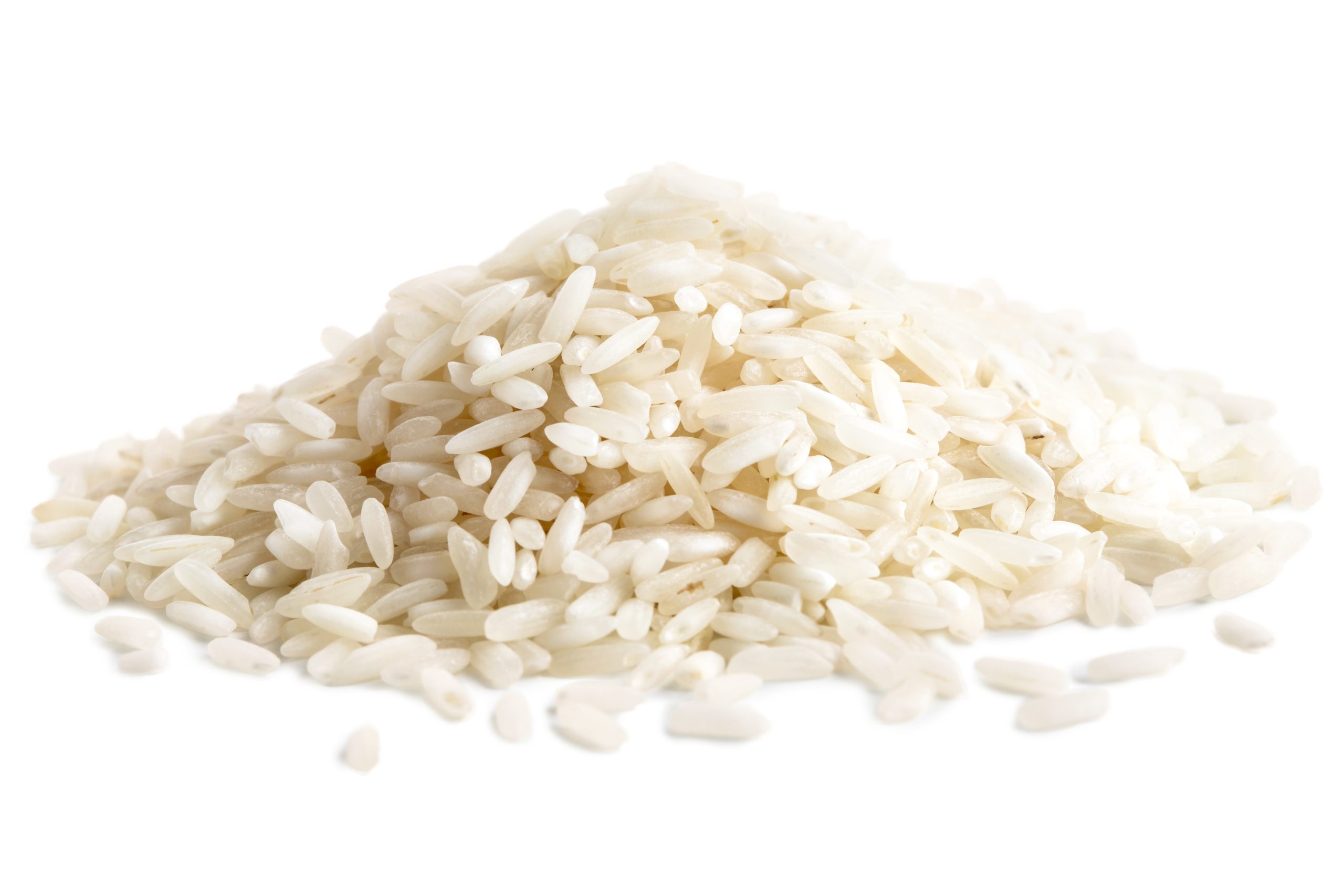 Pile of long grain white rice isolated on white background