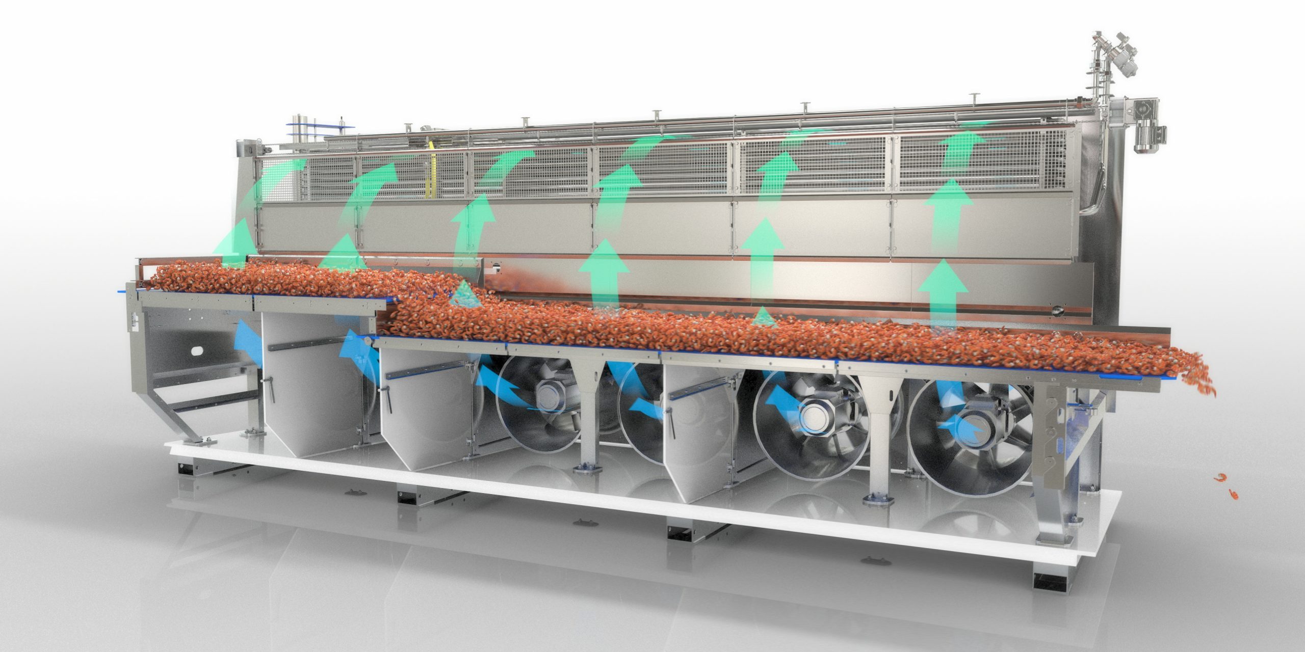 3D image of octofrost iqf freezer freezing shrimp and arrows showing movement of air from fans upwards throught the product into the coil