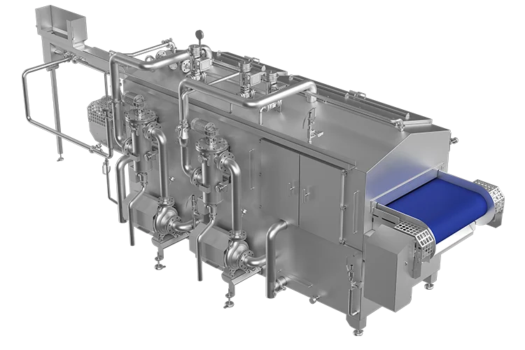 High-resolution rendering of the OctoCore shrimp cooker machine. The stainless steel industrial unit features multiple insulated compartments, integrated piping, control valves, and a blue conveyor belt for continuous cooking.