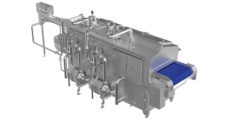 High-resolution rendering of the OctoCore shrimp cooker machine. The stainless steel industrial unit features multiple insulated compartments, integrated piping, control valves, and a blue conveyor belt for continuous cooking.