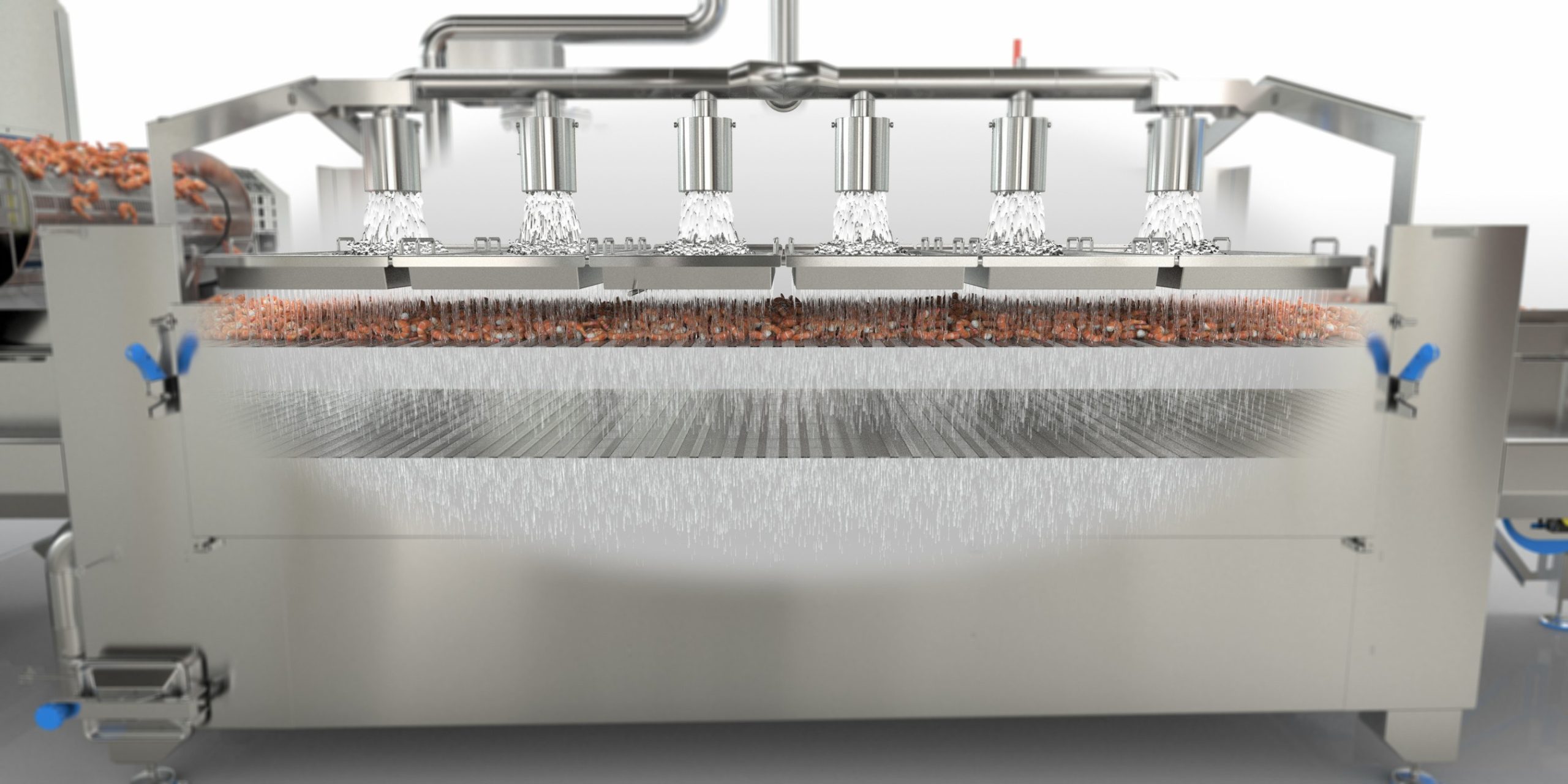 Front view of the OctoFrost Impingement Flash (IF) Cooker in operation. The image shows rows of shrimp being evenly sprayed from above by multiple water jets, simulating high-speed cooking. Water flows through a perforated belt and is collected below, demonstrating the cooker’s efficiency and hygienic design. The machine is constructed from stainless steel.